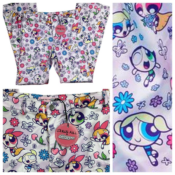 NWOT DOLLS KILL x Powerpuff Girls Flare Pants  Large Purple Satin (32x32) Goth - Picture 1 of 16